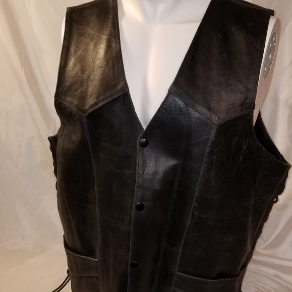 Leather Vest Mens Black Laced sides Size 48 - Picture 2 of 8